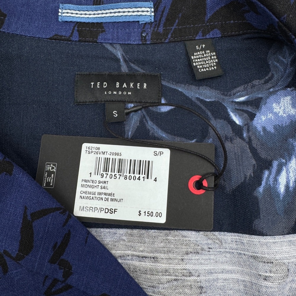 Ted Baker Button Up Shirt Mens S Blue Midnight Sail Floral Camp Collar NEW - Picture 6 of 8